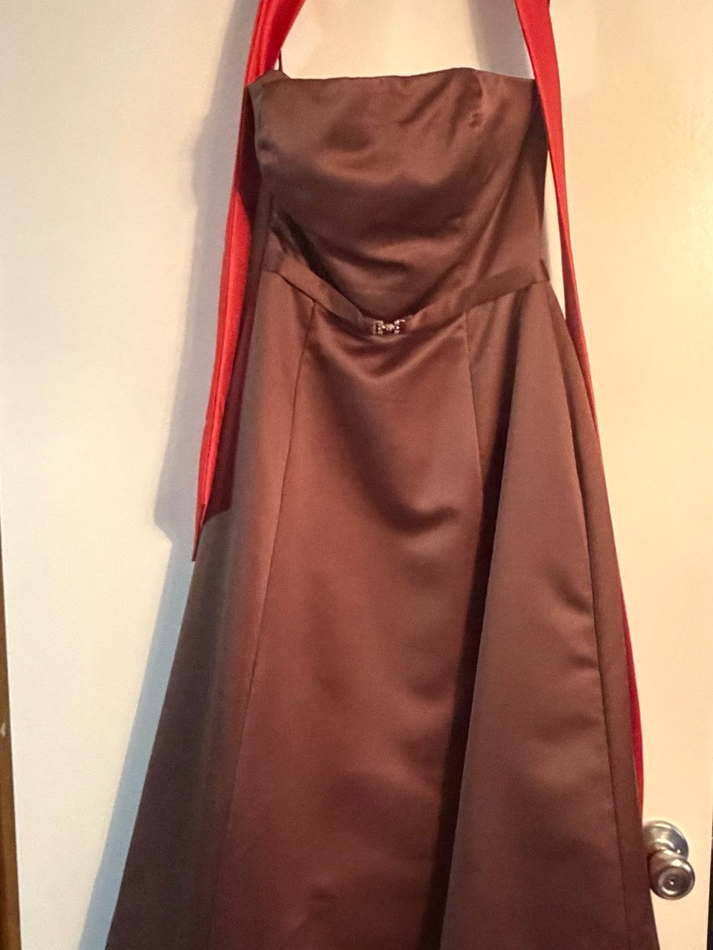 Michaelangelo Strapless Brown Satin Dress with Orange Sash